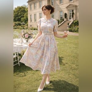 Vintage 80s Scarlett Floral Midi Dress  Pastel · Romantic Cottagecore Spring